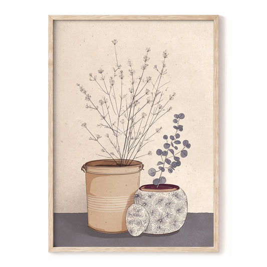 Quiet Botanical Vessels, beige, brown, gray floral wall art, front artwork view