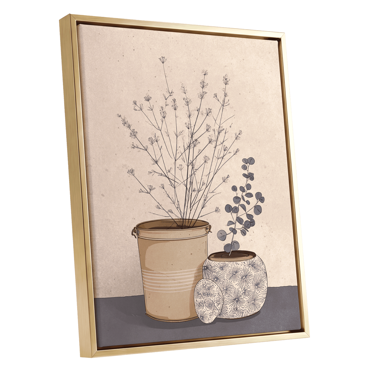 Quiet Botanical Vessels, beige, brown, gray floral wall art shown as a gold framed canvas wall art