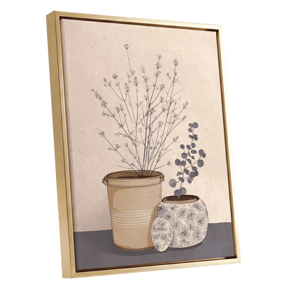 Quiet Botanical Vessels, beige, brown, gray floral wall art shown as a gold framed canvas wall art