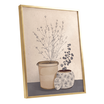Quiet Botanical Vessels, beige, brown, gray floral wall art shown as a gold framed poster wall art print