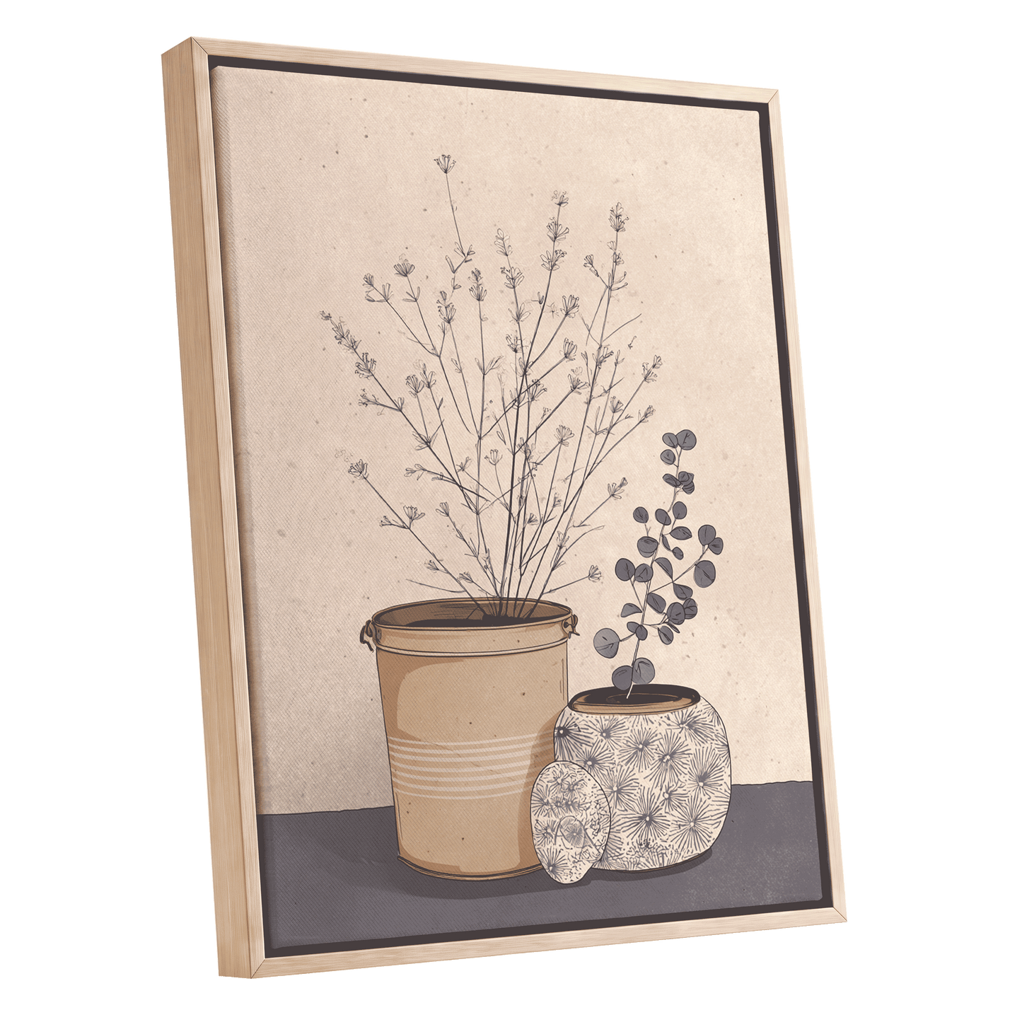 Quiet Botanical Vessels, beige, brown, gray floral wall art shown as a oak framed canvas wall art