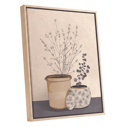 Quiet Botanical Vessels, beige, brown, gray floral wall art shown as a oak framed canvas wall art