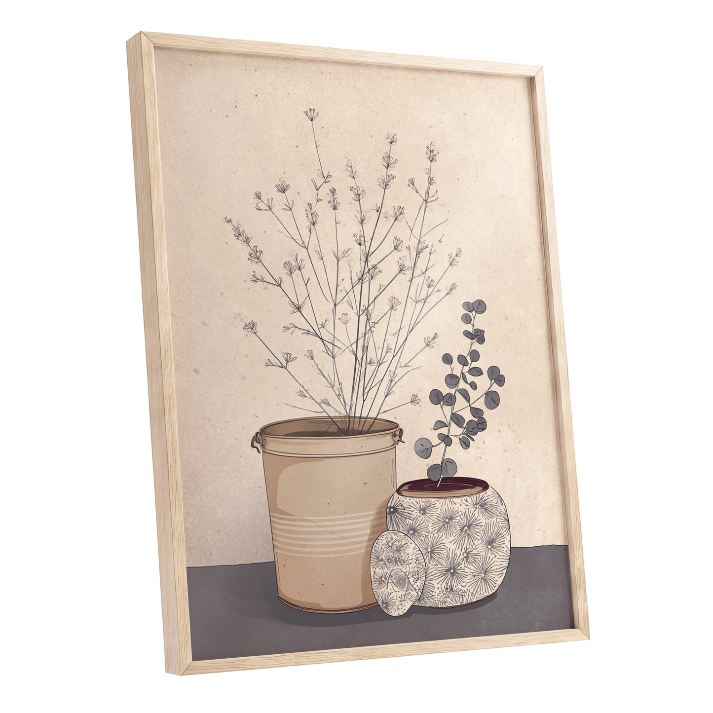 Quiet Botanical Vessels, beige, brown, gray floral wall art shown as a oak framed poster wall art print