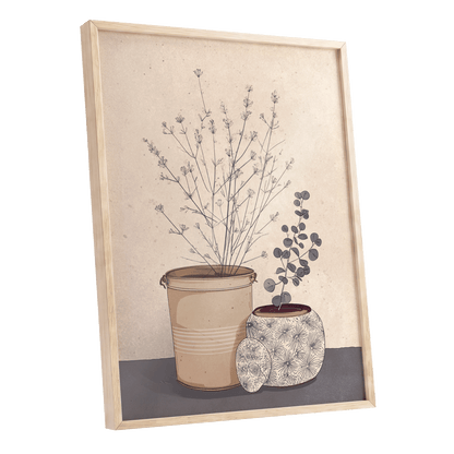 Quiet Botanical Vessels, beige, brown, gray floral wall art shown as a oak framed poster wall art print