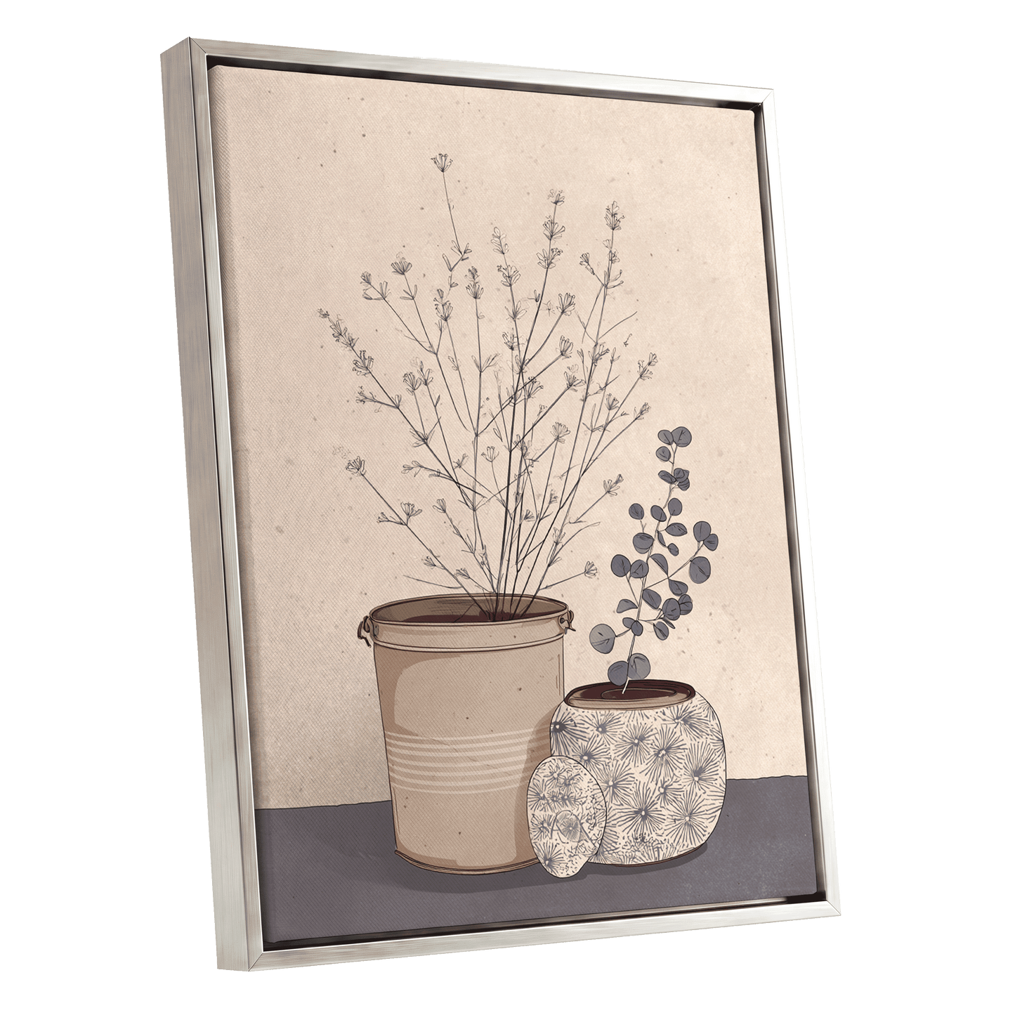 Quiet Botanical Vessels, beige, brown, gray floral wall art shown as a silver framed canvas wall art
