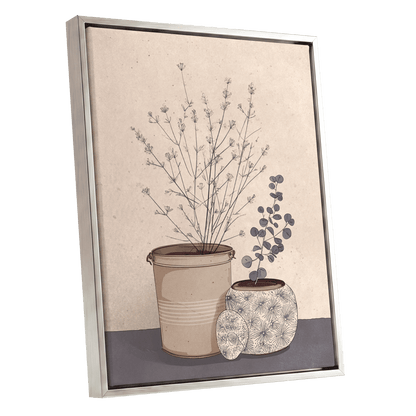 Quiet Botanical Vessels, beige, brown, gray floral wall art shown as a silver framed canvas wall art