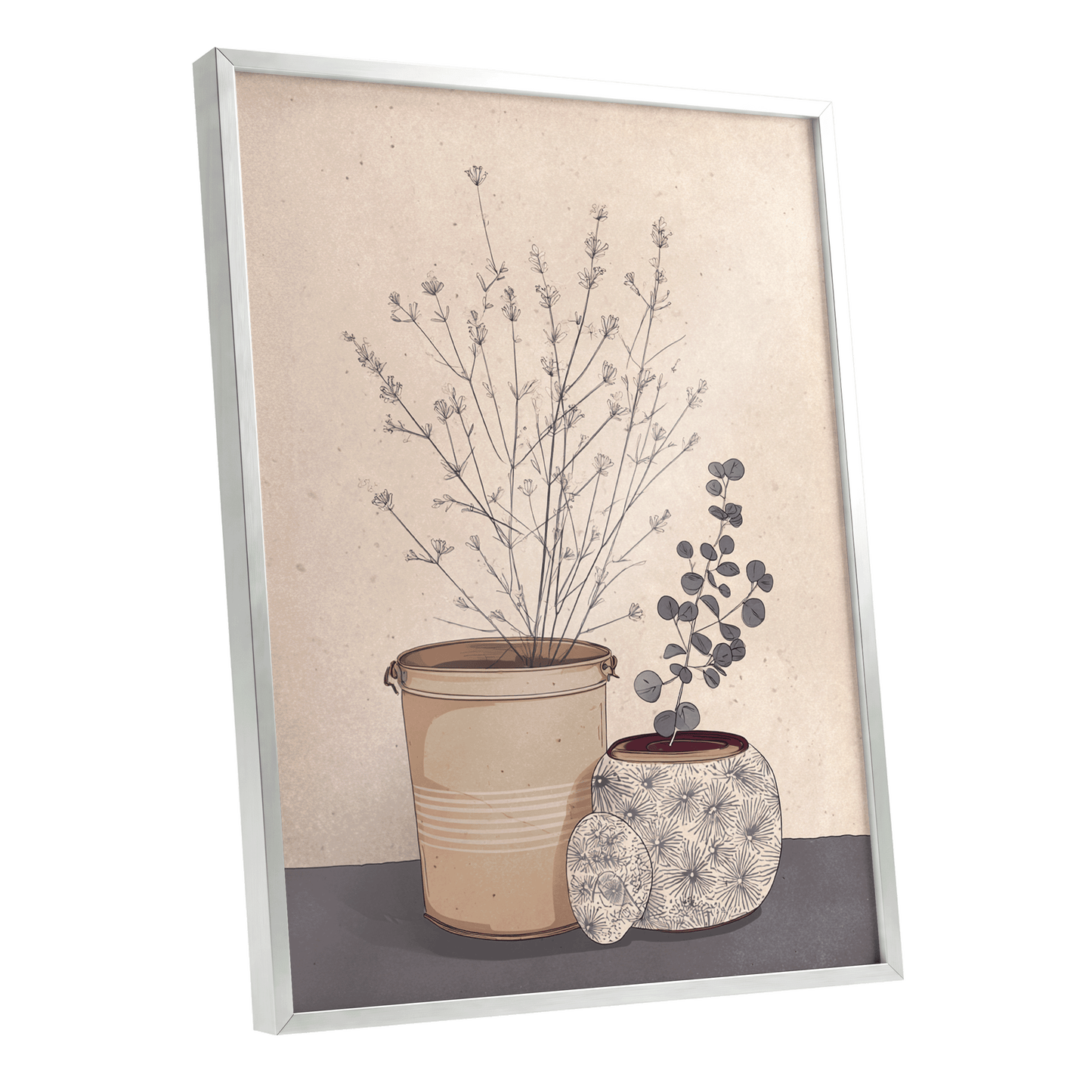 Quiet Botanical Vessels, beige, brown, gray floral wall art shown as a silver framed poster wall art print