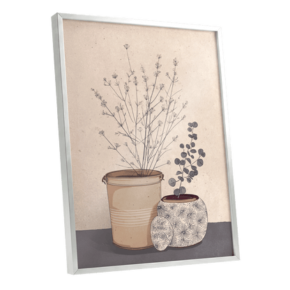 Quiet Botanical Vessels, beige, brown, gray floral wall art shown as a silver framed poster wall art print