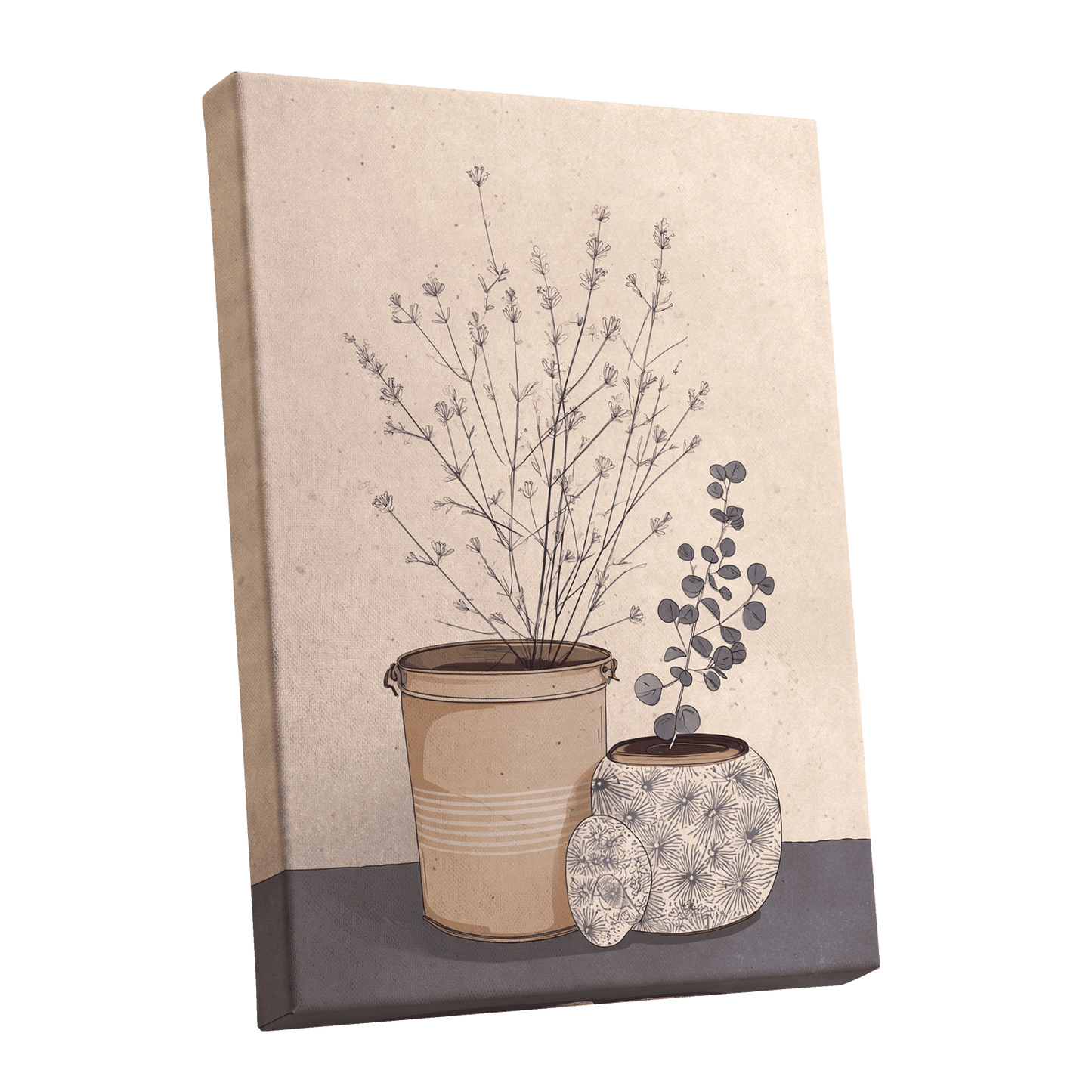 Quiet Botanical Vessels, beige, brown, gray floral wall art shown as a stretched canvas wall art