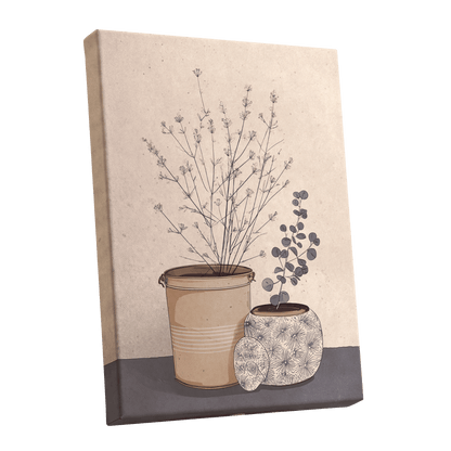 Quiet Botanical Vessels, beige, brown, gray floral wall art shown as a stretched canvas wall art
