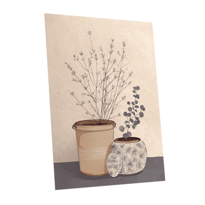 Quiet Botanical Vessels, beige, brown, gray floral wall art shown as a unframed poster wall art print