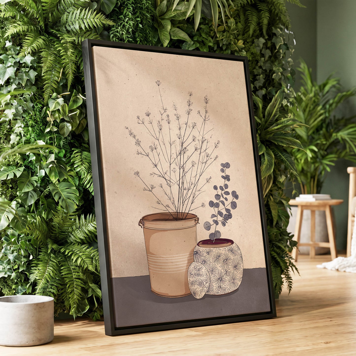 Quiet Botanical Vessels, beige, brown, gray floral wall art displayed in a styled interior, gallery view 1