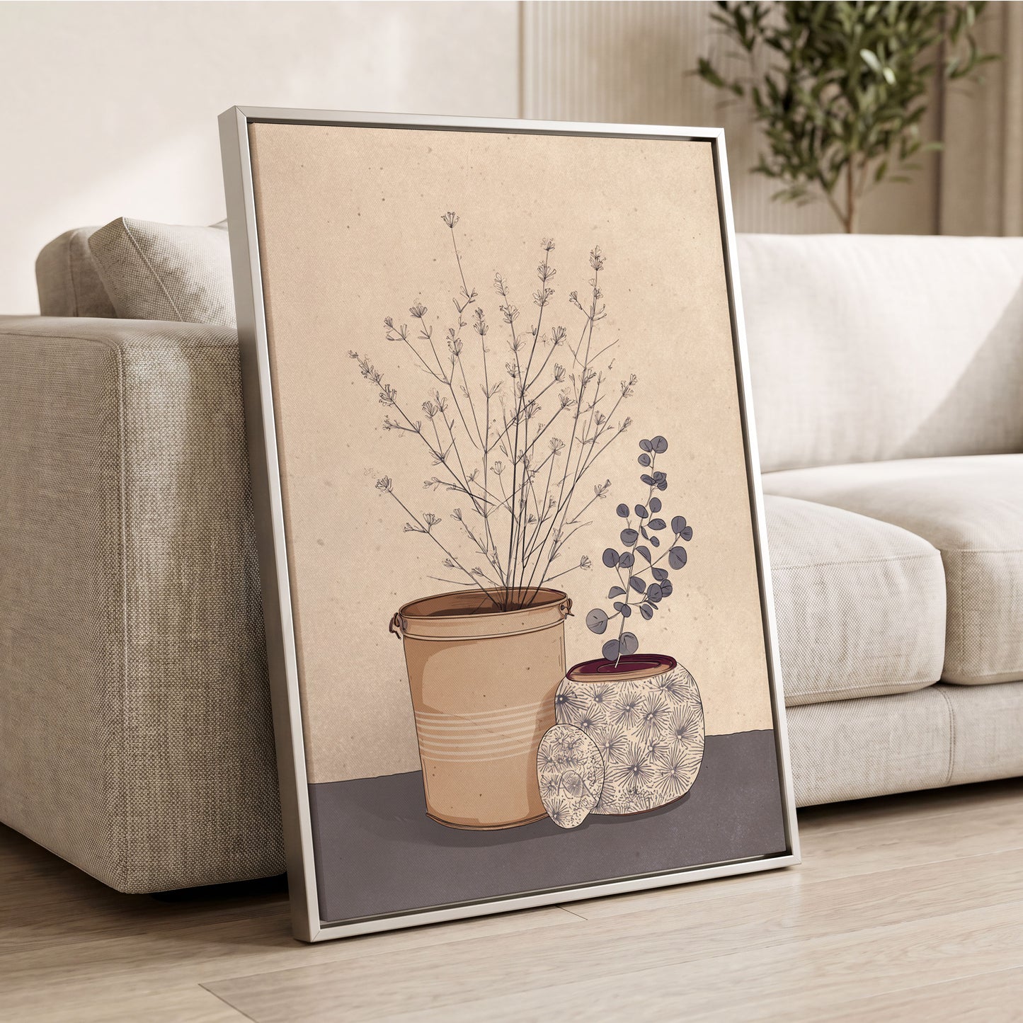 Quiet Botanical Vessels, beige, brown, gray floral wall art displayed in a styled interior, gallery view 2
