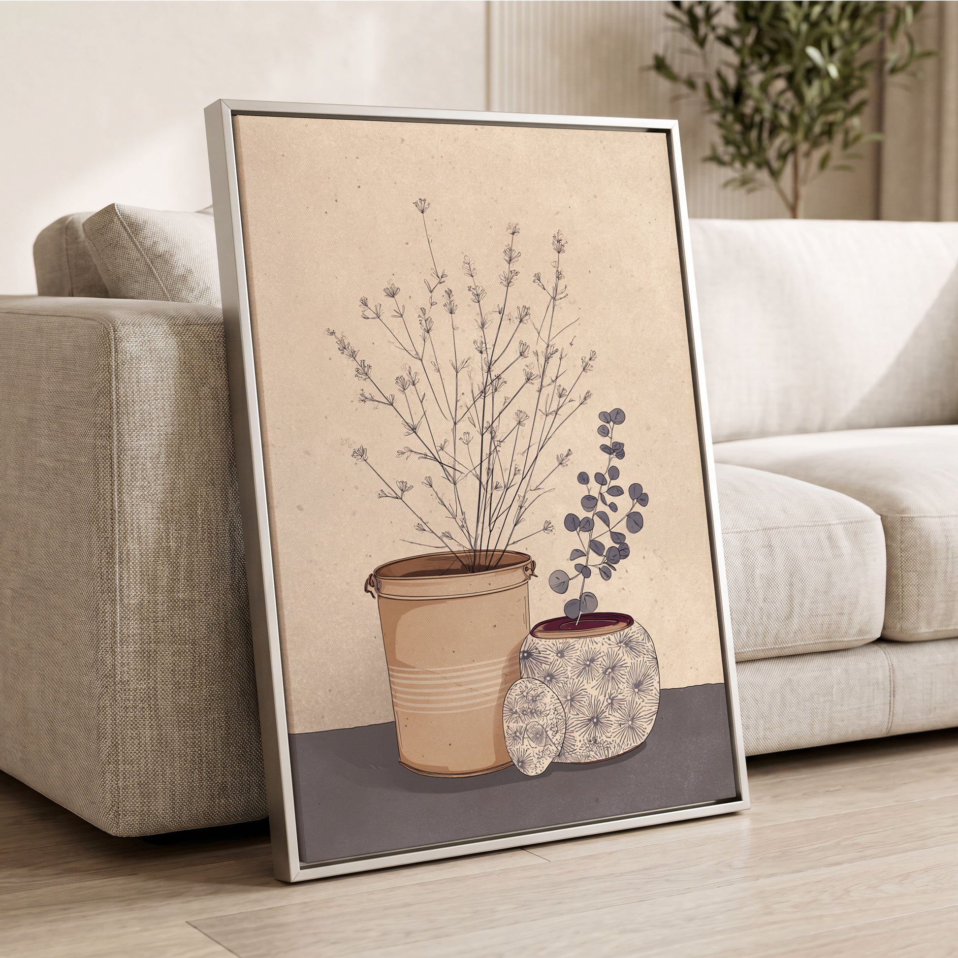 Quiet Botanical Vessels, beige, brown, gray floral wall art displayed in a styled interior, gallery view 2
