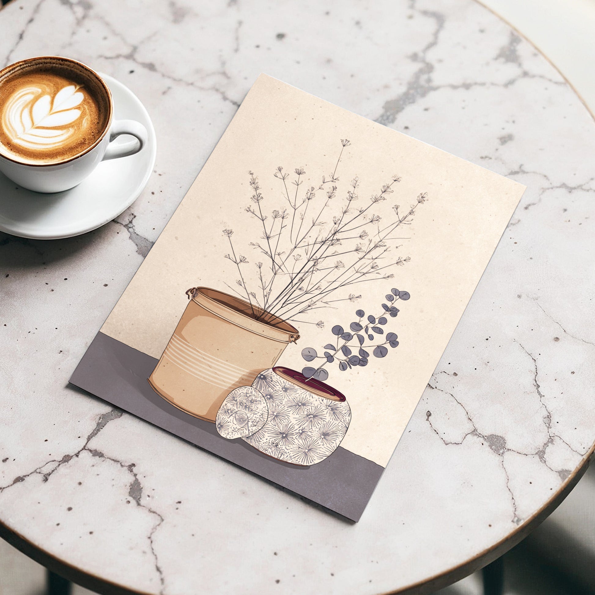Quiet Botanical Vessels, beige, brown, gray floral wall art displayed in a styled interior, gallery view 3
