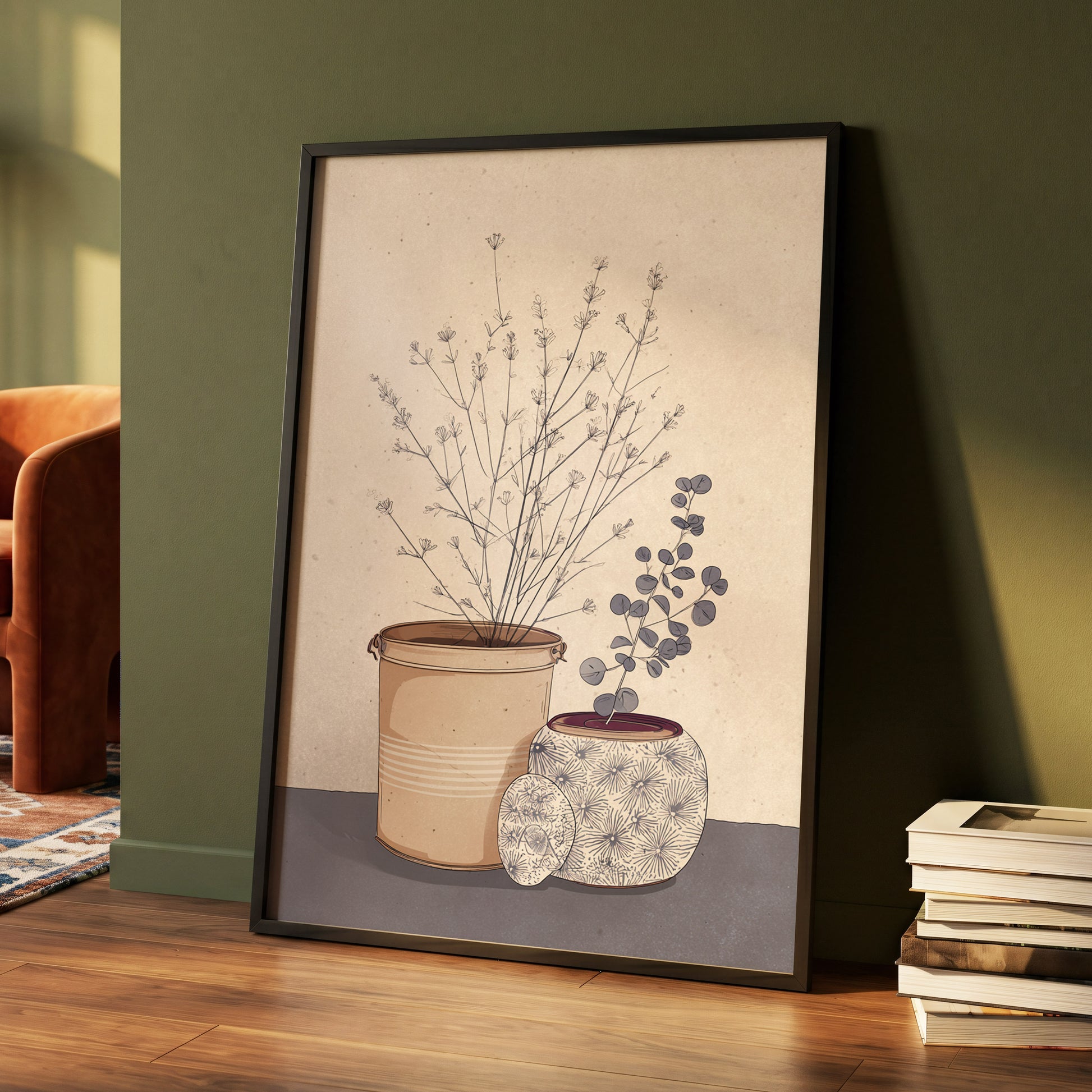 Quiet Botanical Vessels, beige, brown, gray floral wall art displayed in a styled interior, gallery view 4