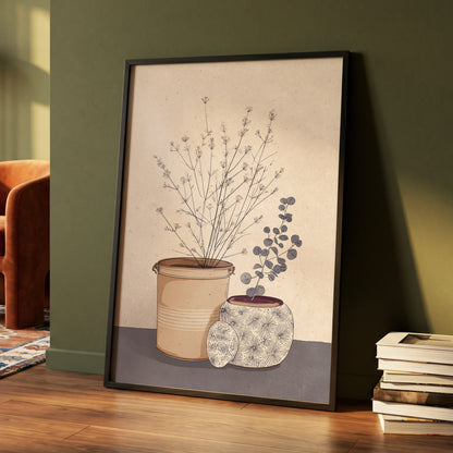 Quiet Botanical Vessels, beige, brown, gray floral wall art displayed in a styled interior, gallery view 4