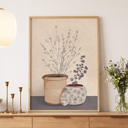 Quiet Botanical Vessels, beige, brown, gray floral wall art displayed in a styled interior, gallery view 5
