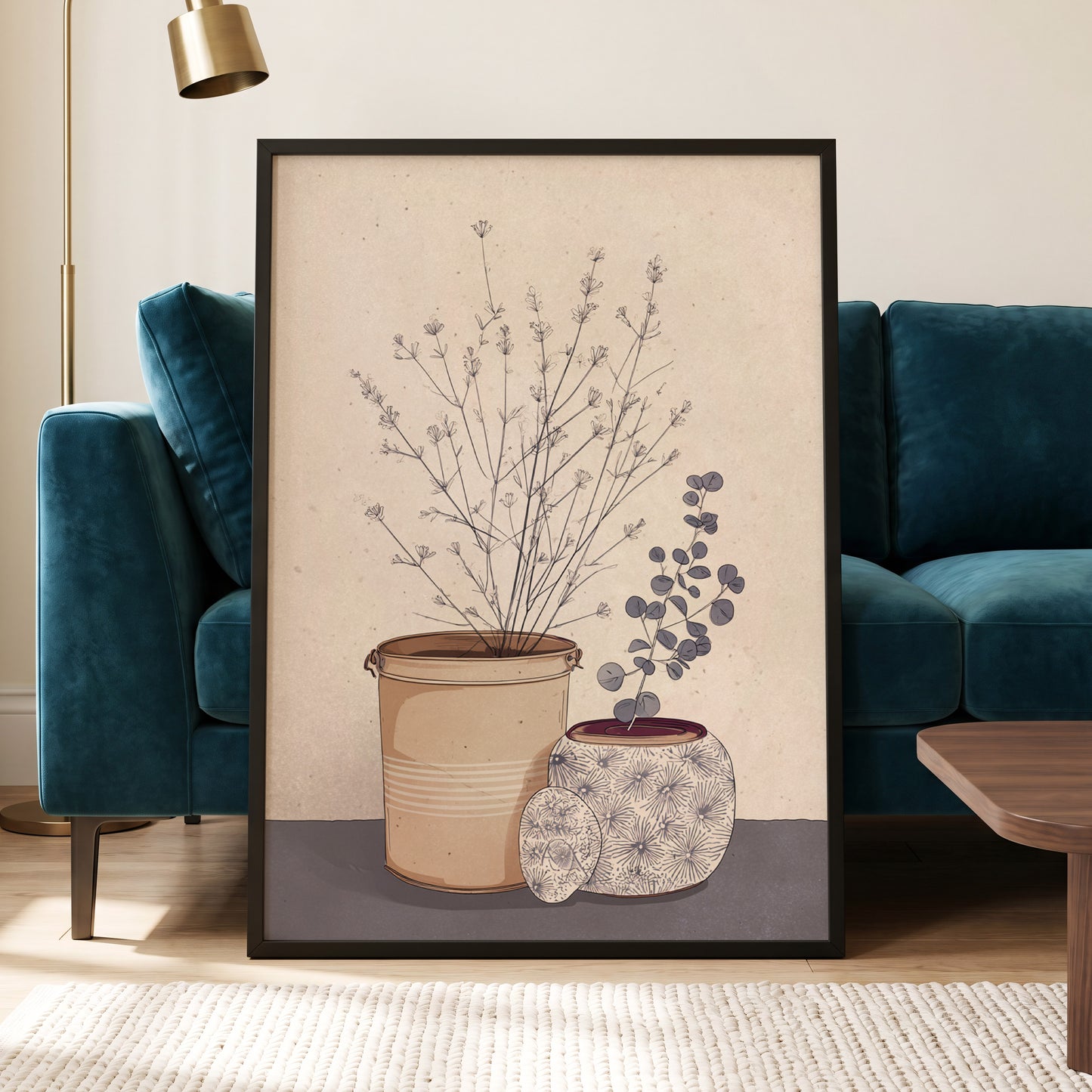 Quiet Botanical Vessels, beige, brown, gray floral wall art displayed in a styled interior, gallery view 6