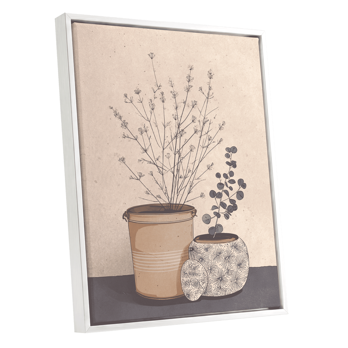 Quiet Botanical Vessels, beige, brown, gray floral wall art shown as a white framed canvas wall art