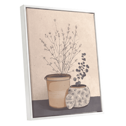 Quiet Botanical Vessels, beige, brown, gray floral wall art shown as a white framed canvas wall art