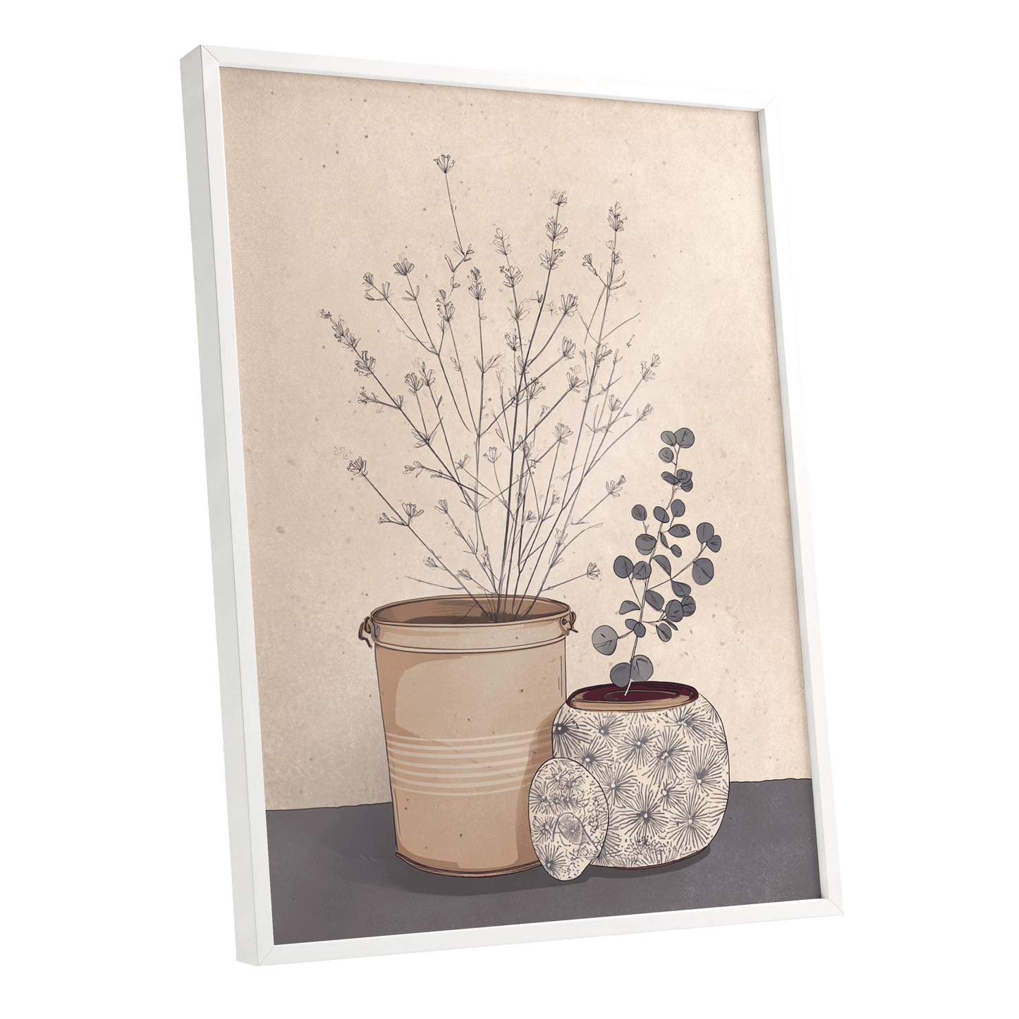 Quiet Botanical Vessels, beige, brown, gray floral wall art shown as a white framed poster wall art print