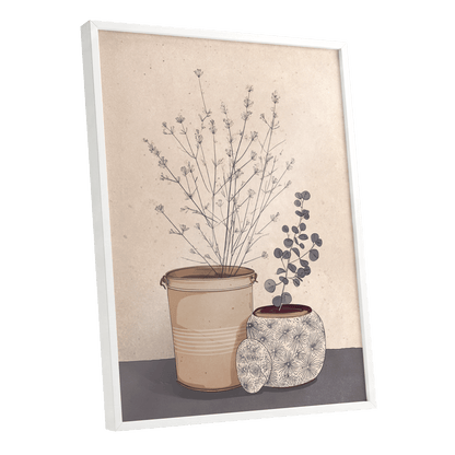 Quiet Botanical Vessels, beige, brown, gray floral wall art shown as a white framed poster wall art print