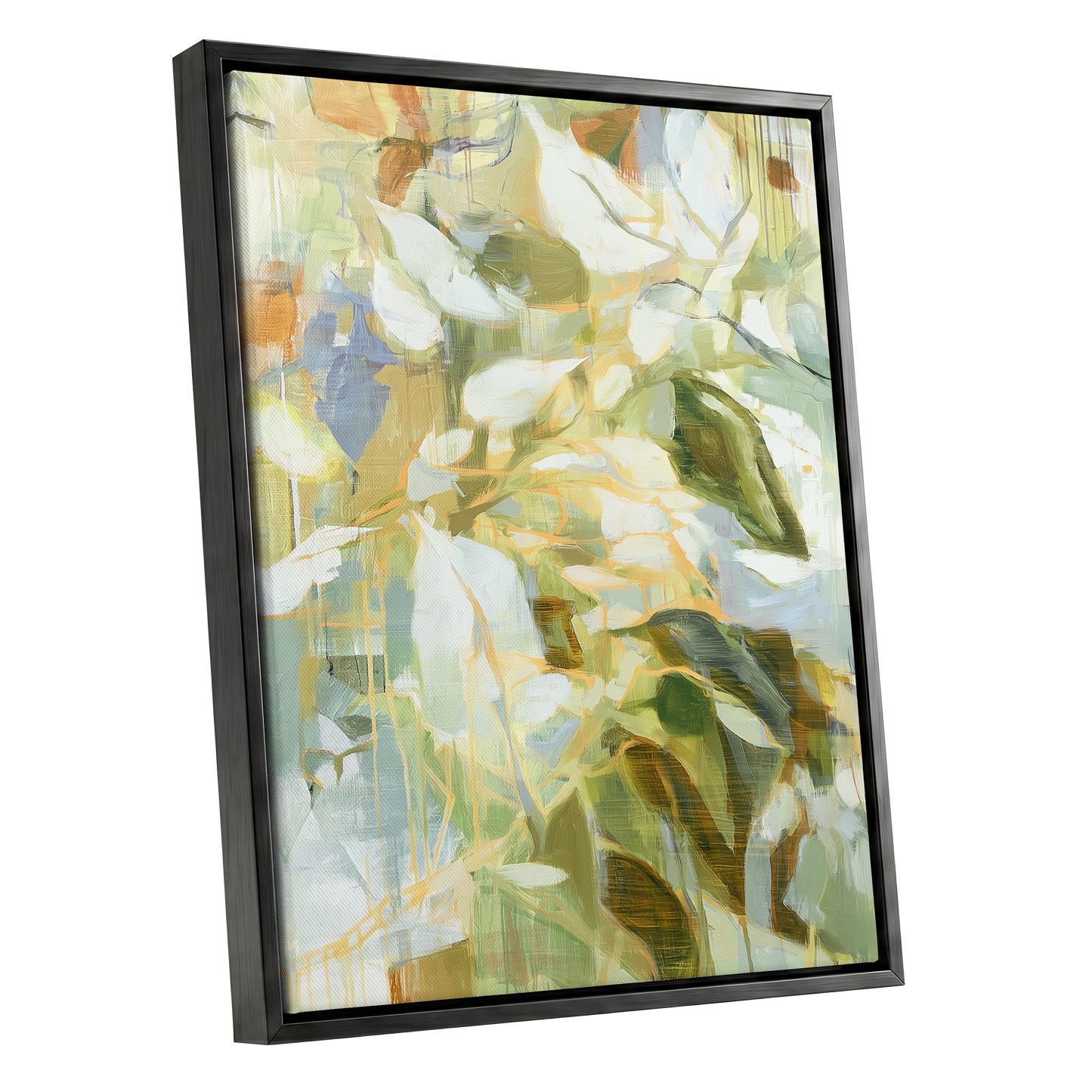 Quiet Canopy, green, beige, white nature wall art shown as a black framed canvas wall art