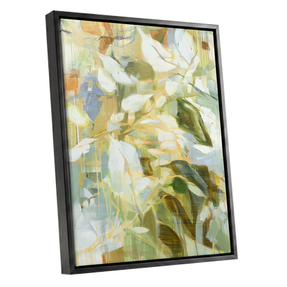 Quiet Canopy, green, beige, white nature wall art shown as a black framed canvas wall art