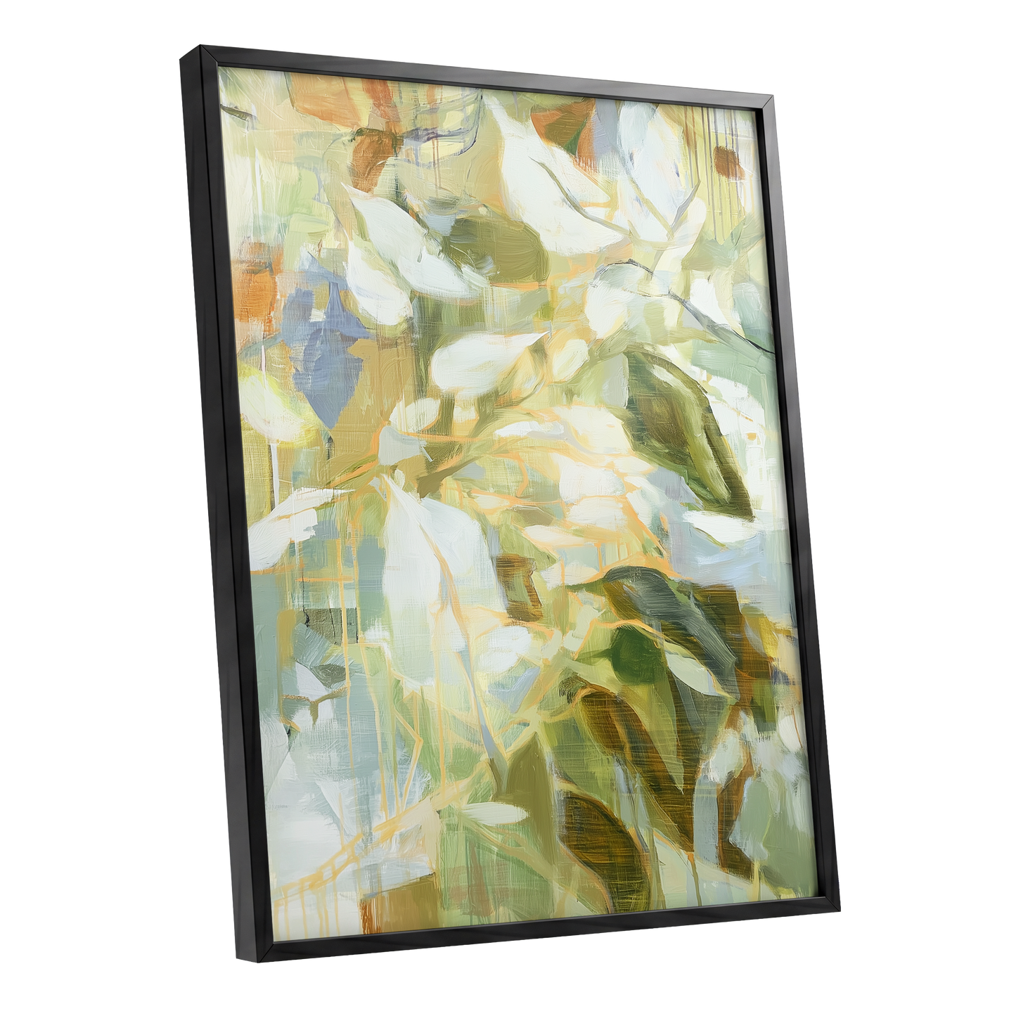 Quiet Canopy, green, beige, white nature wall art shown as a black framed poster wall art print