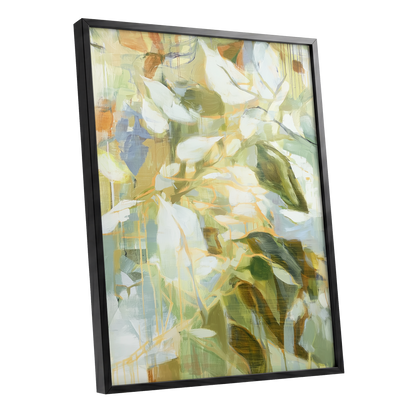 Quiet Canopy, green, beige, white nature wall art shown as a black framed poster wall art print