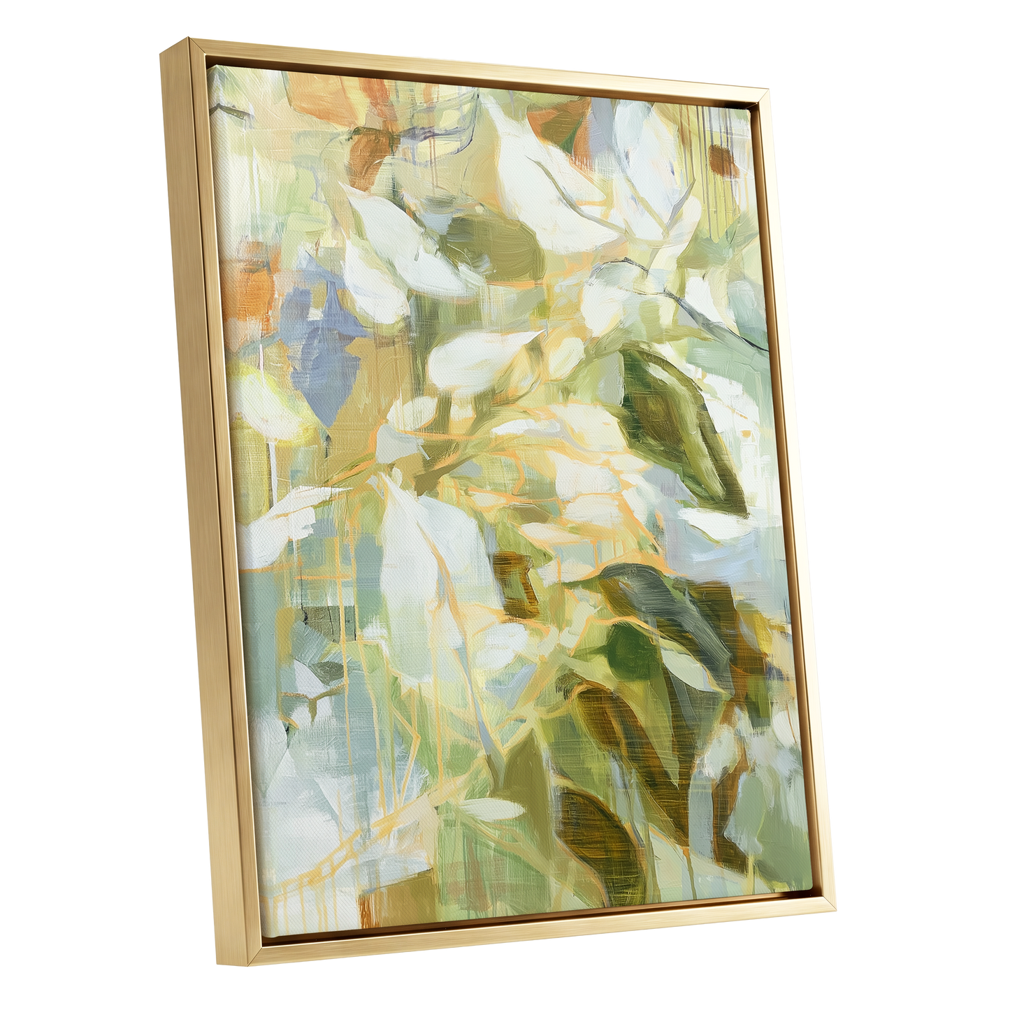 Quiet Canopy, green, beige, white nature wall art shown as a gold framed canvas wall art