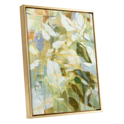 Quiet Canopy, green, beige, white nature wall art shown as a gold framed canvas wall art