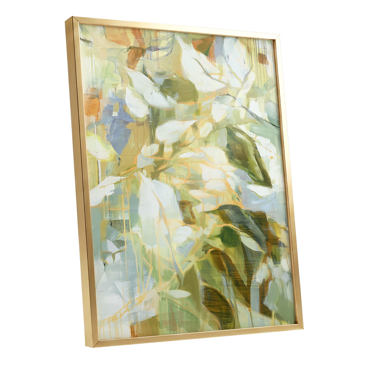 Quiet Canopy, green, beige, white nature wall art shown as a gold framed poster wall art print