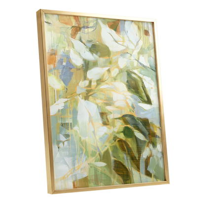 Quiet Canopy, green, beige, white nature wall art shown as a gold framed poster wall art print