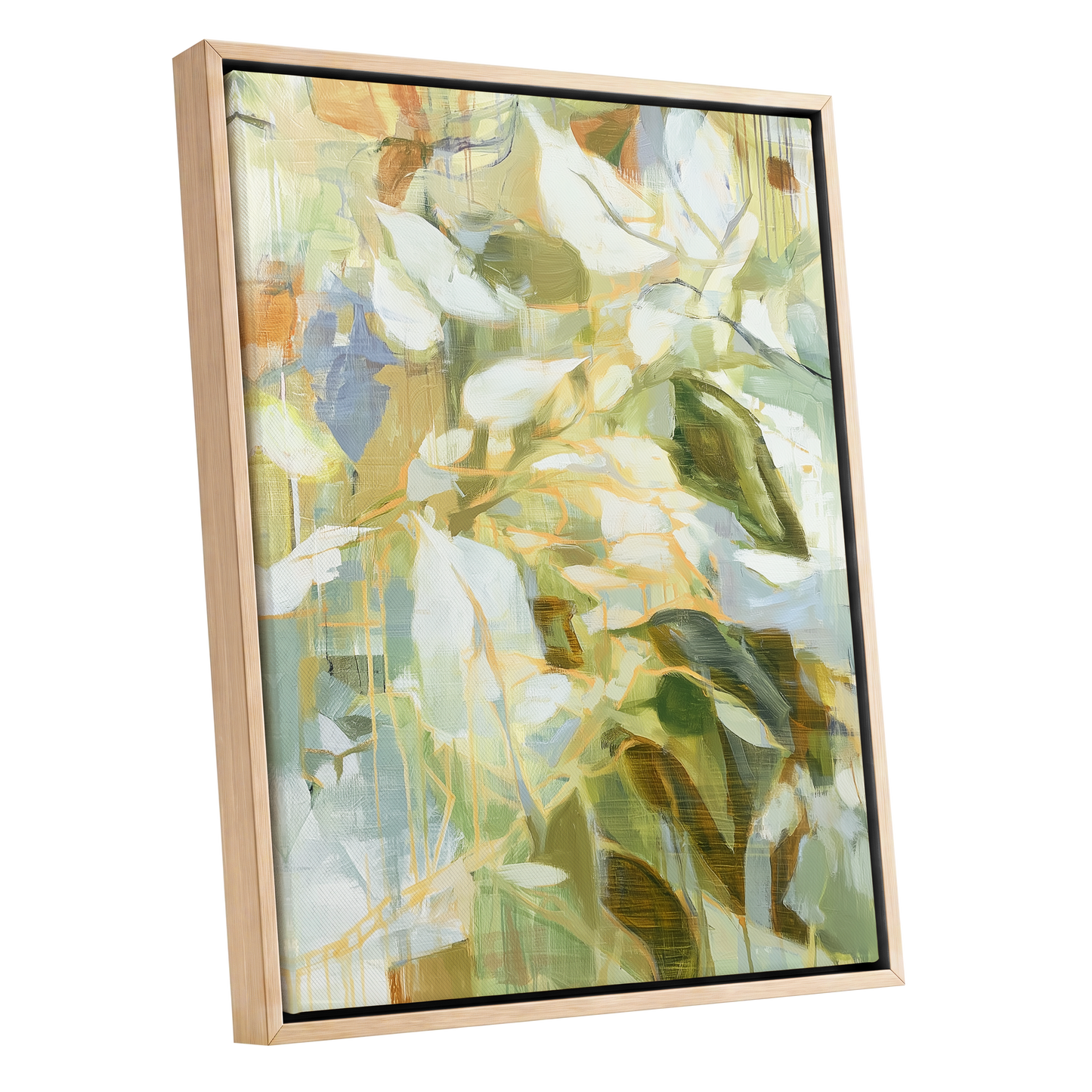 Quiet Canopy, green, beige, white nature wall art shown as a oak framed canvas wall art