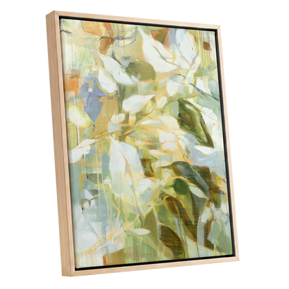 Quiet Canopy, green, beige, white nature wall art shown as a oak framed canvas wall art