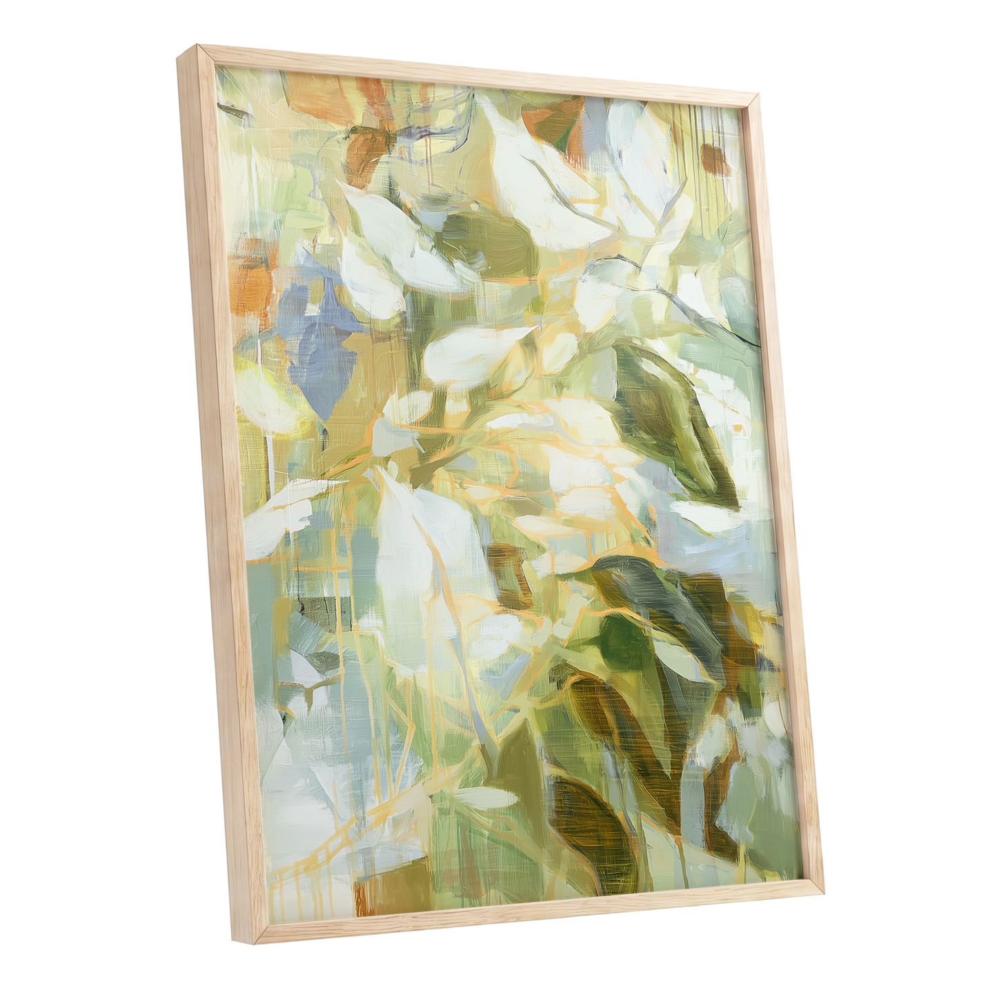 Quiet Canopy, green, beige, white nature wall art shown as a oak framed poster wall art print