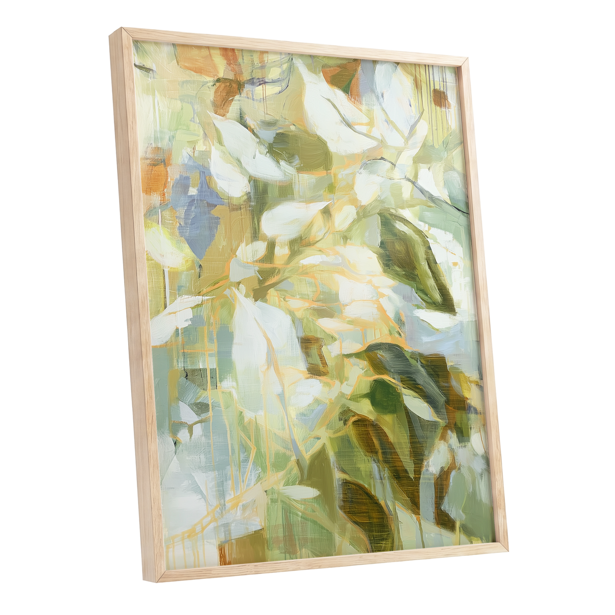 Quiet Canopy, green, beige, white nature wall art shown as a oak framed poster wall art print