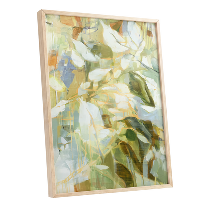 Quiet Canopy, green, beige, white nature wall art shown as a oak framed poster wall art print