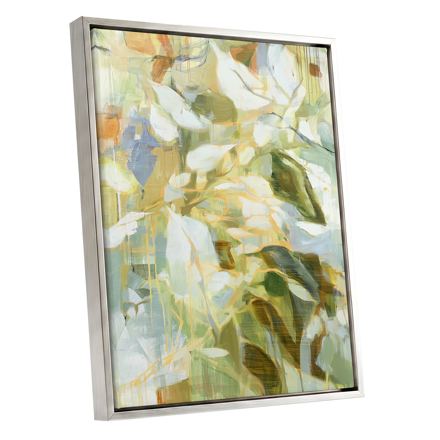 Quiet Canopy, green, beige, white nature wall art shown as a silver framed canvas wall art