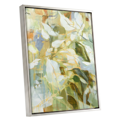 Quiet Canopy, green, beige, white nature wall art shown as a silver framed canvas wall art