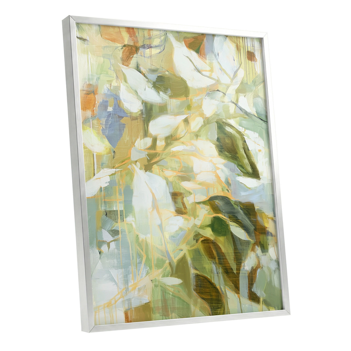 Quiet Canopy, green, beige, white nature wall art shown as a silver framed poster wall art print