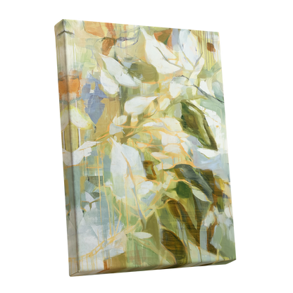Quiet Canopy, green, beige, white nature wall art shown as a stretched canvas wall art