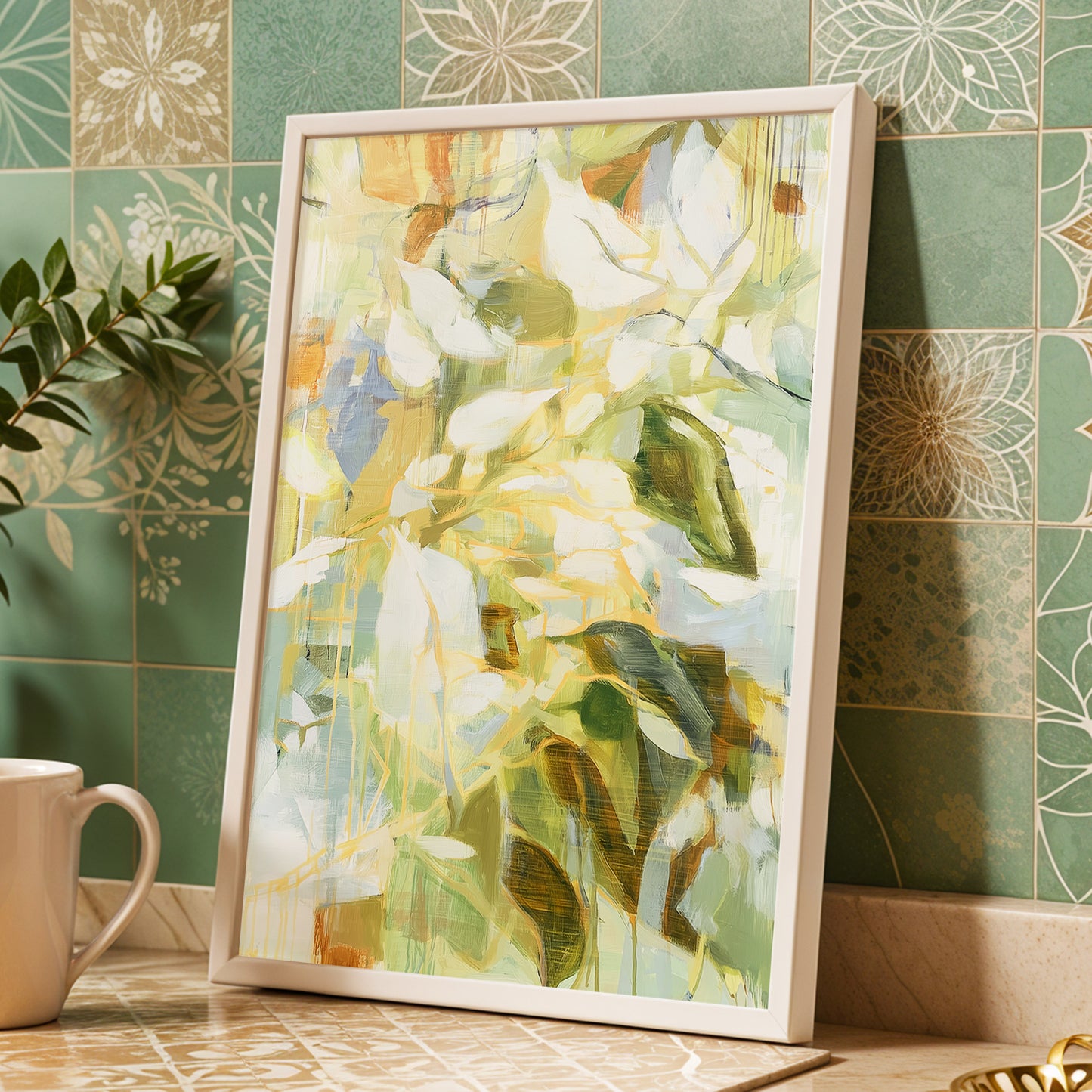 Quiet Canopy, green, beige, white nature wall art displayed in a styled interior, gallery view 2