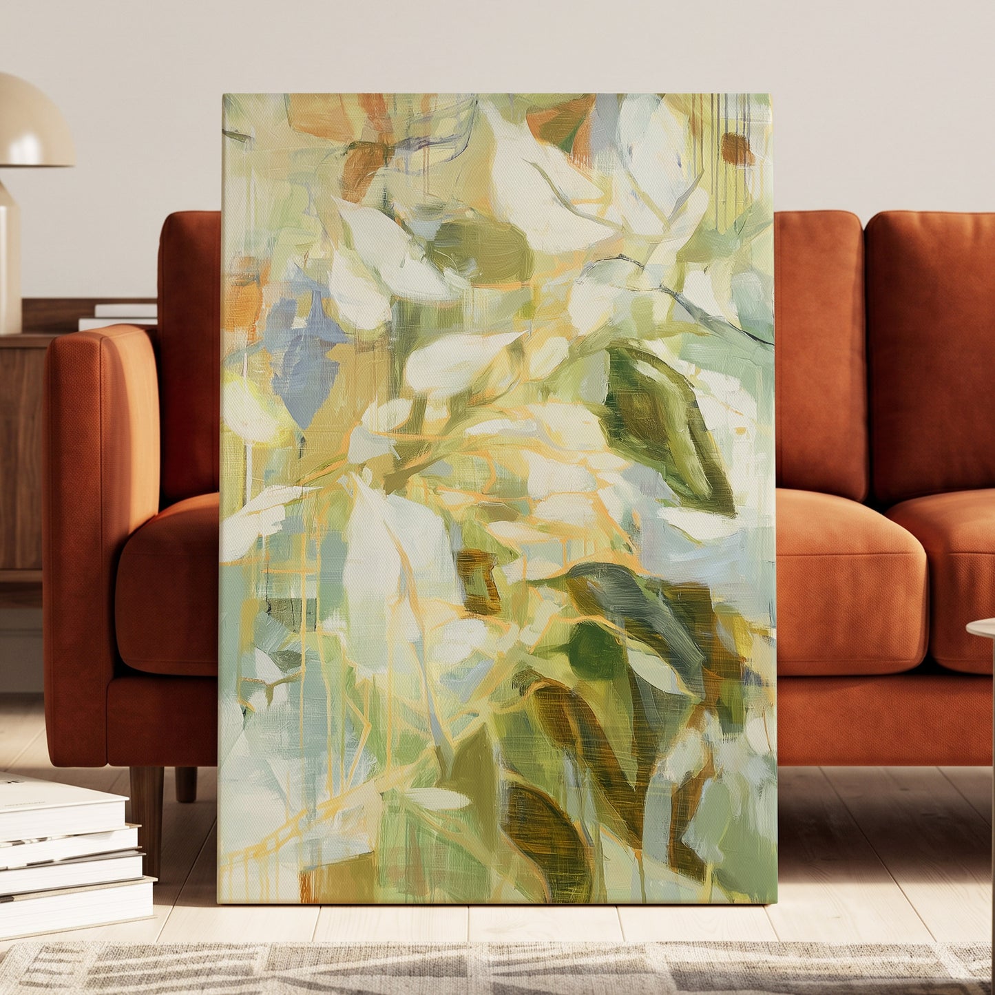 Quiet Canopy, green, beige, white nature wall art displayed in a styled interior, gallery view 3