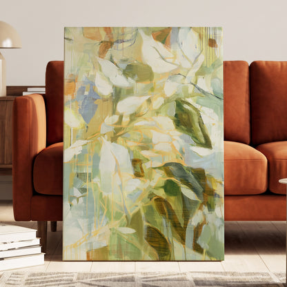 Quiet Canopy, green, beige, white nature wall art displayed in a styled interior, gallery view 3