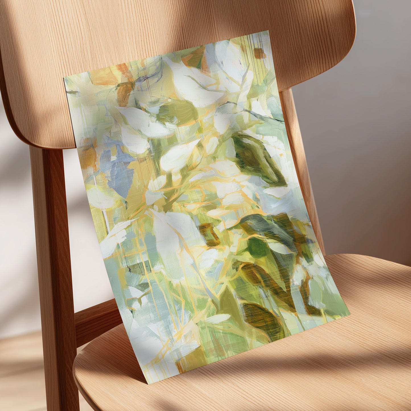 Quiet Canopy, green, beige, white nature wall art displayed in a styled interior, gallery view 5