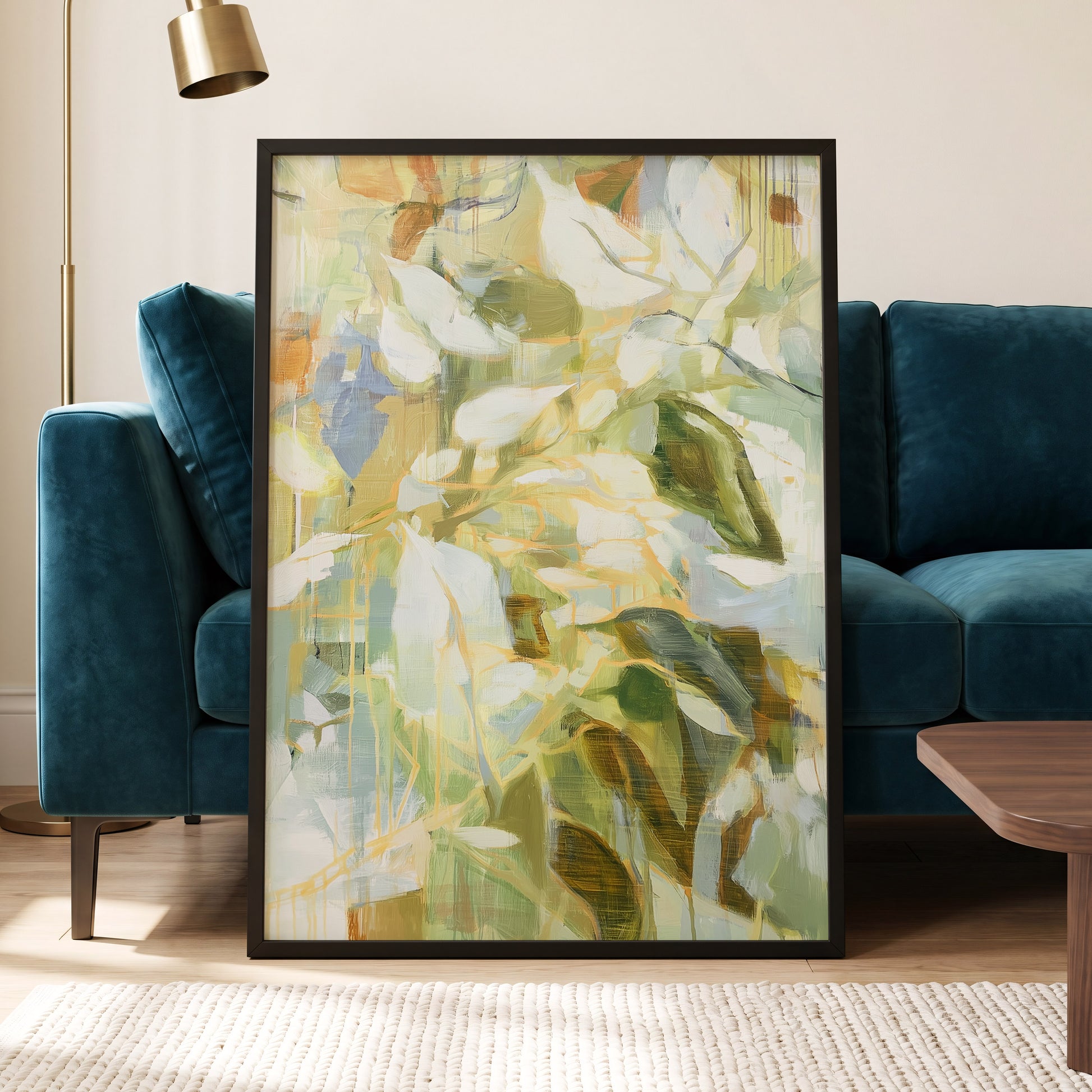 Quiet Canopy, green, beige, white nature wall art displayed in a styled interior, gallery view 6