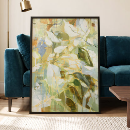 Quiet Canopy, green, beige, white nature wall art displayed in a styled interior, gallery view 6